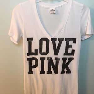 Love Pink. White T-shirt with black lettering.